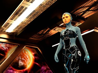 Yıldız gemisinde genç bir kadının yüzüne sahip bir Cyborg. Fütürist biyonik ve yapay zeka kavramları. 3d oluşturma