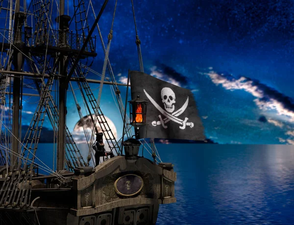 Mujer Pirata Velero Con Bandera Luz Luna Renderizado — Foto de Stock