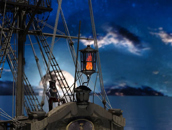 Pirate Woman Sail Ship Moonlight Rendering — Stock Photo, Image