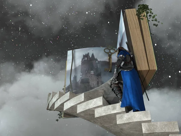 Cavaleiro Subir Escadas Para Livro Histórias Nas Nuvens Renderização — Fotografia de Stock