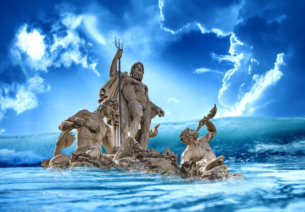 Photomontage of the fountain of Greek God Neptune, Piazza del Popolo, Rome, Italy. The statue is inside the sea with a dramatic sky.