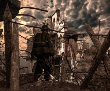 Bir Amerikan askeriyle 2. Dünya Savaşı 'nın gündüz muharebe sahnesinin canlandırması ve yıkılan binalar. Savaş alanı sanat arkaplanı - 3D görüntüleme