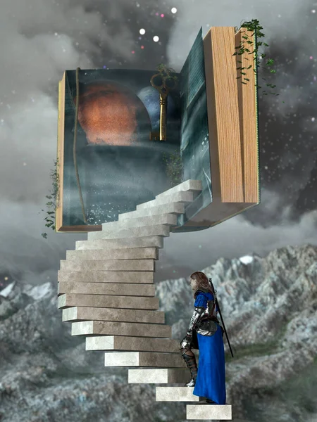 Knight Climbing Stairs Storybook Clouds Rendering — Stock Photo, Image