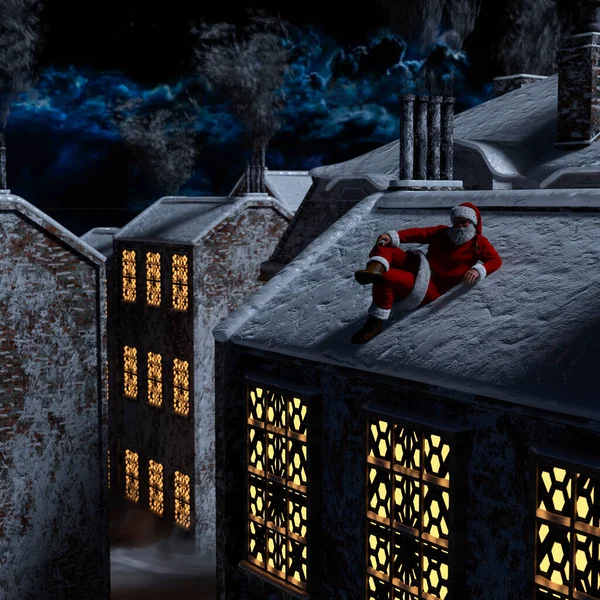 屋上のサンタクロースと月明かりとクリスマスの夜の煙突 3Dレンダリング — ストック写真