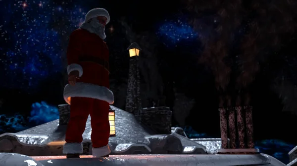Άγιος Βασίλης Περπάτημα Στην Ταράτσα Και Καμινάδες Βράδυ Των Χριστουγέννων — Φωτογραφία Αρχείου