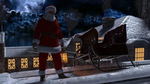 Santa Claus Walking Rooftop Chimneys Christmas Night Moonlight Rendering — Stock Photo, Image