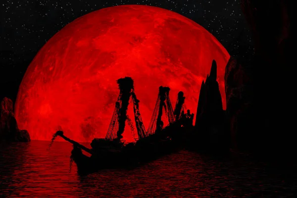 Fantasma Velero Luna Roja Por Noche Representación — Foto de Stock