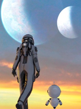 Yeni bir gezegeni keşfeden küçük bir robotla uzay gezgini - 3D görüntüleme