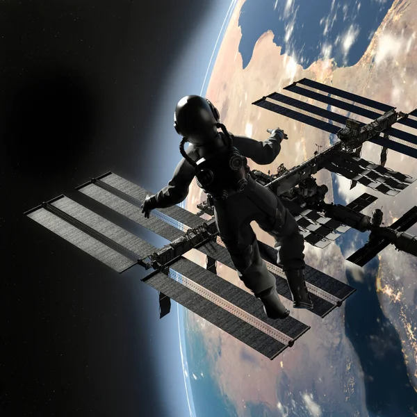 Astronauta Caminhando Espaço Perto Uma Estação Espacial Com Fundo Terra — Fotografia de Stock