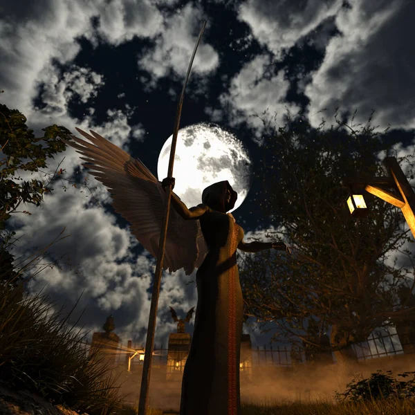 Angel Death Spooky Cemetery Night Rendering — Stock Photo, Image