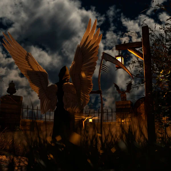 死亡天使在一个可怕的墓地在夜间 3D渲染 — 图库照片