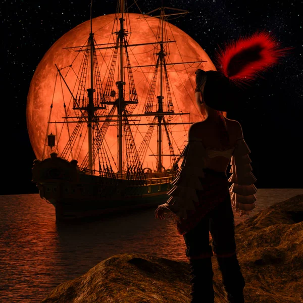 満月の海賊の帆船 海賊の女が岩の上に立っていた 3Dレンダリング — ストック写真