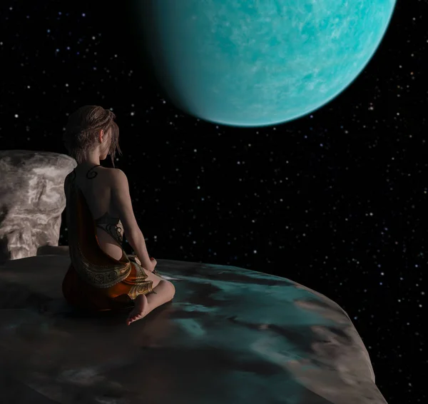 Céu Noturno Com Estrelas Grande Planeta Azul Uma Mulher Praticando — Fotografia de Stock