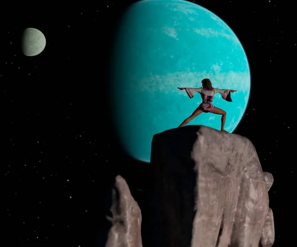 Night Sky Stars Big Blue Planet Woman Practicing Yoga Rendering — Stock Photo, Image