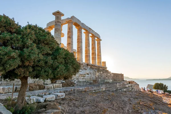 希腊索尼奥角波塞冬古寺的废墟 波塞冬是希腊的海神 日落时被神殿的废墟射中 希腊Sounion Attica的旅游地标 — 图库照片