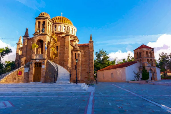Hermoso Paisaje Con Una Iglesia Pueblo Vilia Grecia Pintura Digital —  Fotos de Stock