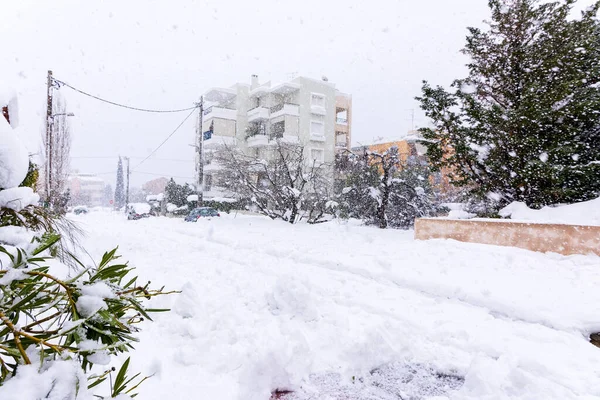 弗里斯里西亚地区的雪 在欧洲希腊首都雅典的暴风雪中 冬季时间 — 图库照片