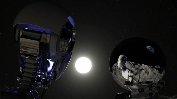 Cyborg Spacewalk Moon Looking Sun Holding Sphere Rendering — 스톡 사진