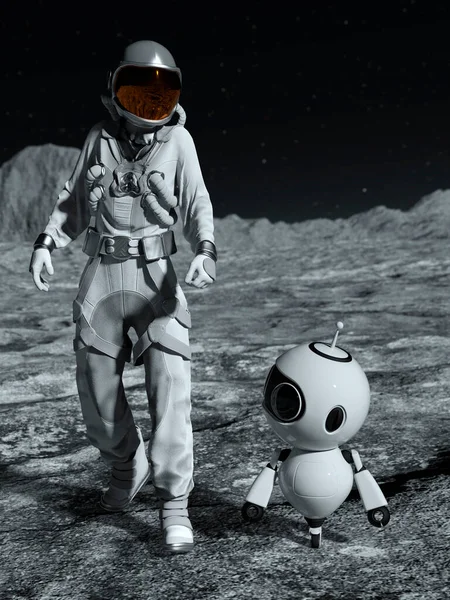 Астронавт Маленький Робот Космосе Луне Рендеринг — стоковое фото