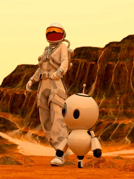Astronauta Pequeno Robô Caminhada Espacial Planeta Deserto Renderização — Fotografia de Stock