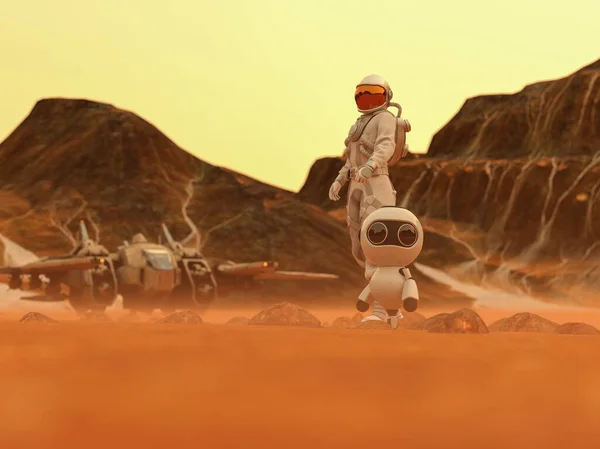Космонавт Маленький Робот Выхода Открытый Космос Пустынной Планете Космическим Кораблем — стоковое фото