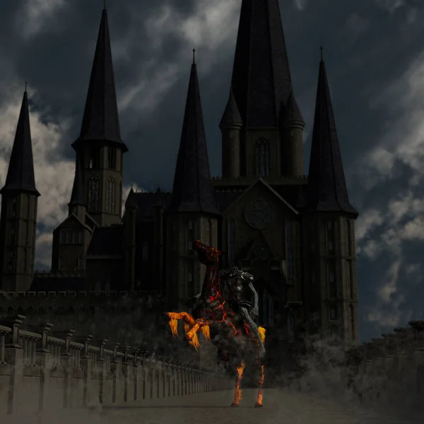 无头骑士骑着一匹燃烧的马在中世纪城堡前 3D渲染 — 图库照片