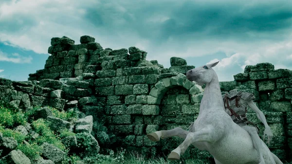 Ακέφαλος Καβαλάρης Ιππεύει Λευκό Άλογο Μπροστά Ερείπια Rendering — Φωτογραφία Αρχείου