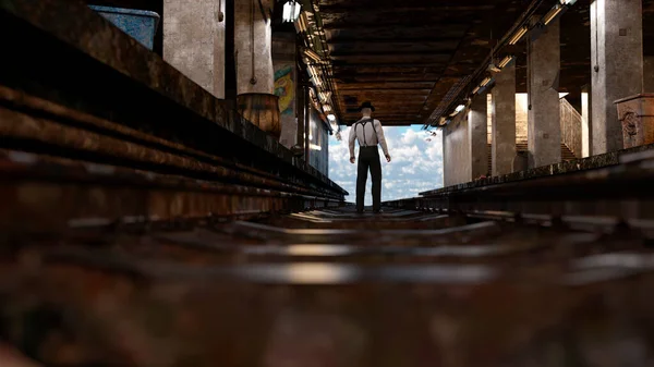 Homem Caminhando Direção Luz Final Antigo Túnel Metrô Abandonado Renderização — Fotografia de Stock