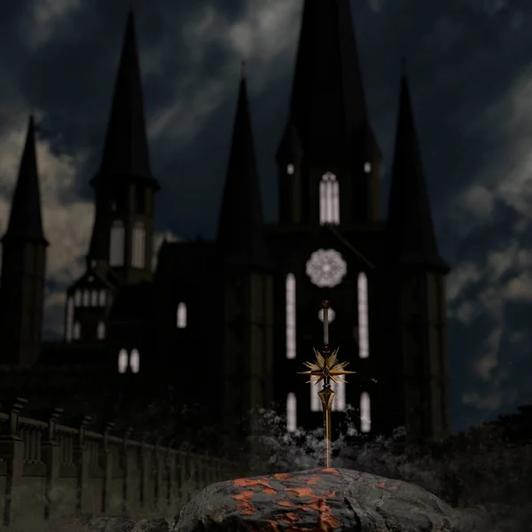 在石头上的剑 在城堡的背景下 3D渲染 — 图库照片