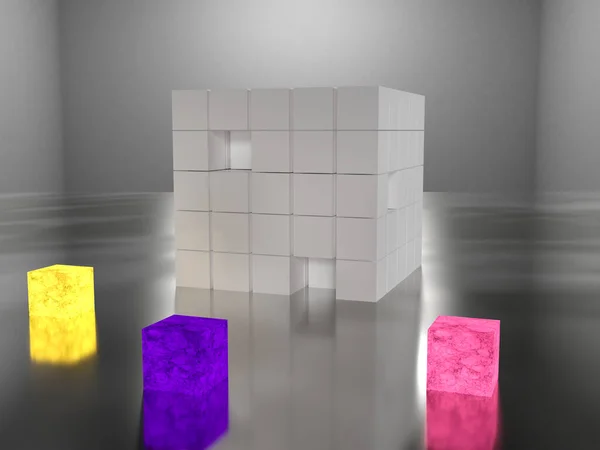Abstract cube of cubes with emissive color cubes on a reflective metallic surface - 3d rendering