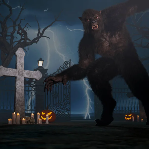 Ilustración Hombre Lobo Durante Noche Cementerio Espeluznante Rendering — Foto de Stock