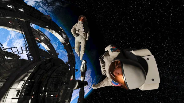 Два Астронавти Ходять Космосі Біля Космічної Станції Фоном Землі Рендеринг — стокове фото
