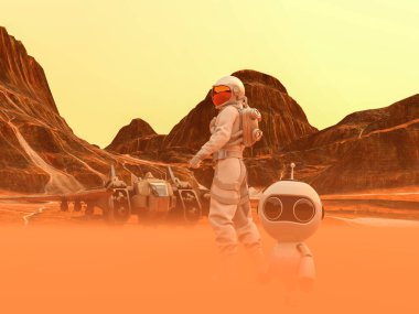 Astronot ve uzay yürüyüşündeki küçük robot arkasında uzay gemisi olan bir çöl gezegeninde - 3D görüntüleme.