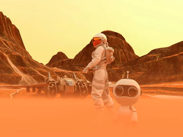 Astronauta Pequeno Robô Caminhada Espacial Planeta Deserto Com Nave Espacial — Fotografia de Stock