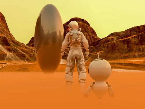 Astronaut Small Robot Facing Strange Egg Shaped Object Spacewalk Desert — Stock Photo, Image