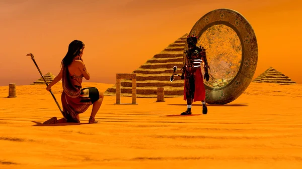 Ancient Egyptian Woman Watching Alien Warrior Space Rendering — Fotografie, imagine de stoc