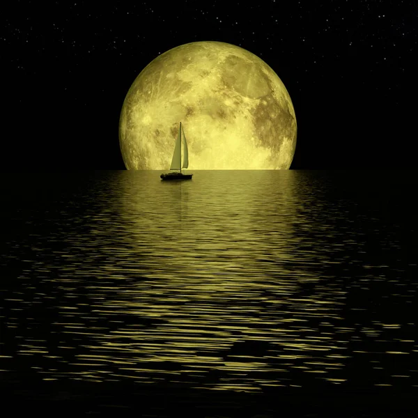 Lonely yacht in calm ocean, full yellow moon and stars - 3d rendering