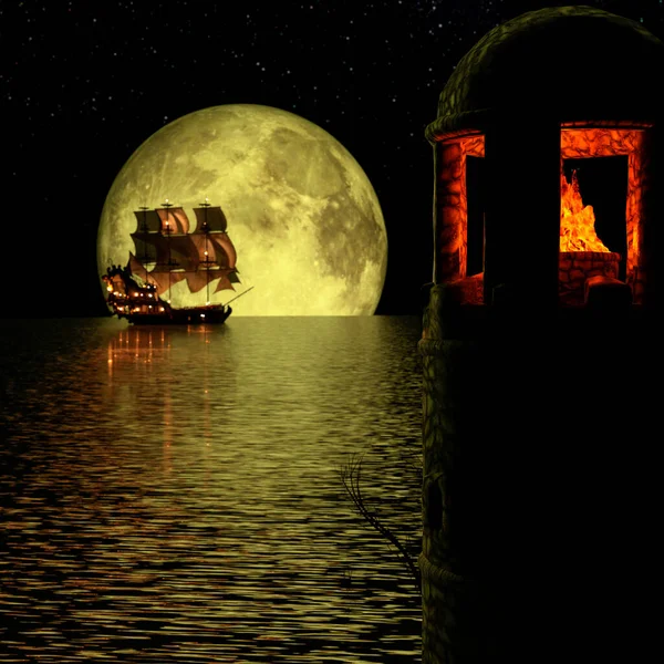 Lonely Pirate Sail Ship Calm Ocean Full Yellow Moon Stars — Stock Photo, Image