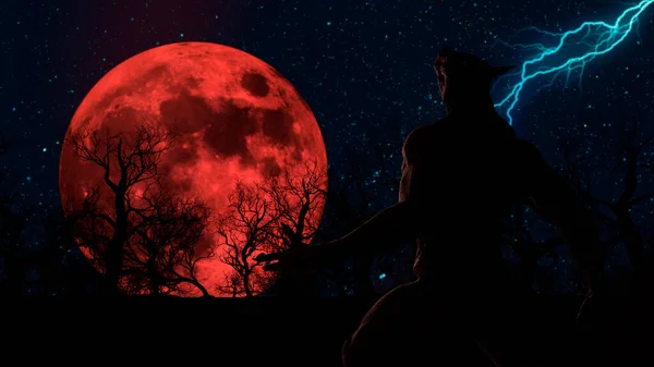 Ilustración Hombre Lobo Durante Luna Sangre Bosque Espeluznante Representación — Foto de Stock
