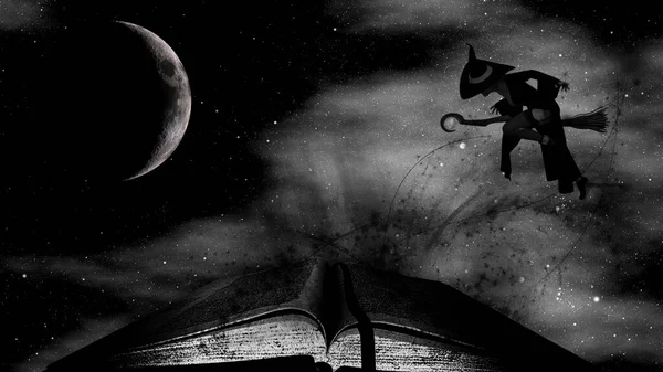 Fekete Boszorkány Seprűvel Félholddal Éjszakai Égen Félhold Csillagok Egy Nyitott — Stock Fotó