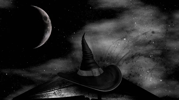 Black witch hat and crescent in the night sky. Half moon and stars and an open book. Magic, fantasy illustration. Halloween night. 3d rendering