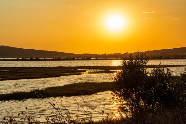 日落在Gialova泻湖 加洛瓦泻湖是欧洲最重要的湿地之一 — 图库照片