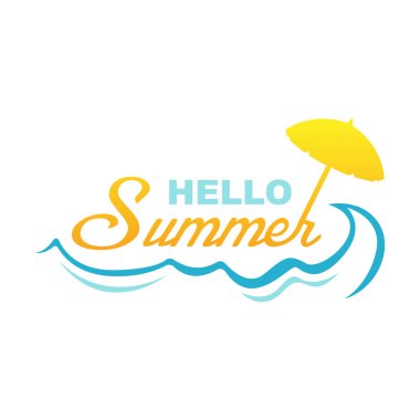 Merhaba Summer logo vektör tasarımı çizimi. Plaj ve basit okyanus dalgası düz tasarım vektörü. Soyut yaratıcı logo yaz sezonu