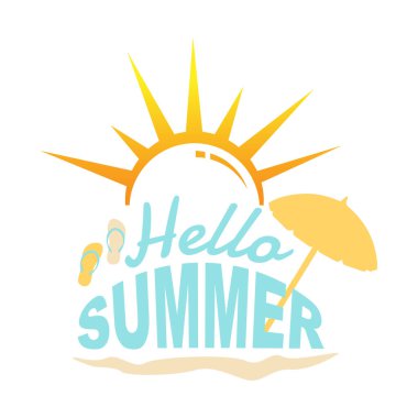 Merhaba Summer logo vektör tasarımı çizimi. Plaj ve basit okyanus dalgası düz tasarım vektörü. Soyut yaratıcı logo yaz sezonu