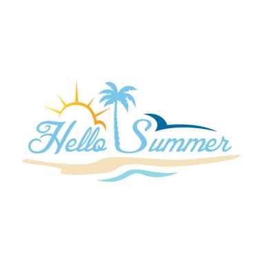 Merhaba Summer logo vektör tasarımı çizimi. Plaj ve basit okyanus dalgası düz tasarım vektörü. Soyut yaratıcı logo yaz sezonu