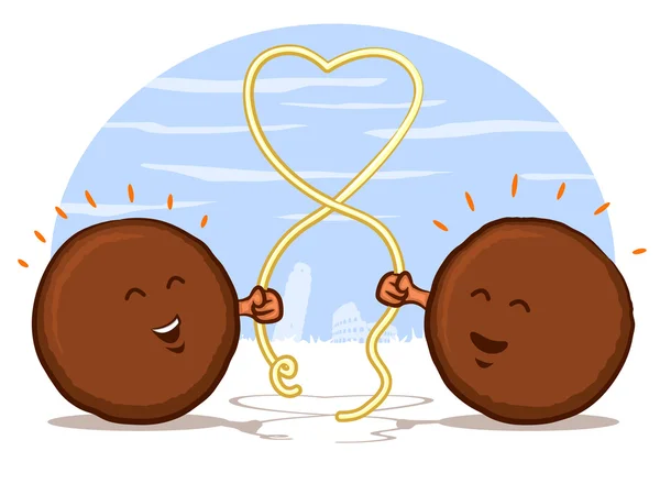 Albóndigas con corazón de espagueti — Vector de stock