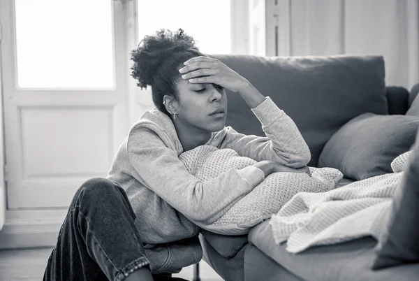 Unhappy Lonely Young African American Woman Suffering Anxiety Stress Depression Stock Photo