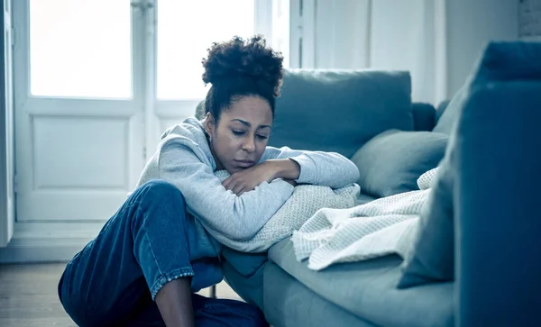 Depressed African Woman Sad Expression Headache Depression Feeling Desperate Home — Stock Photo, Image