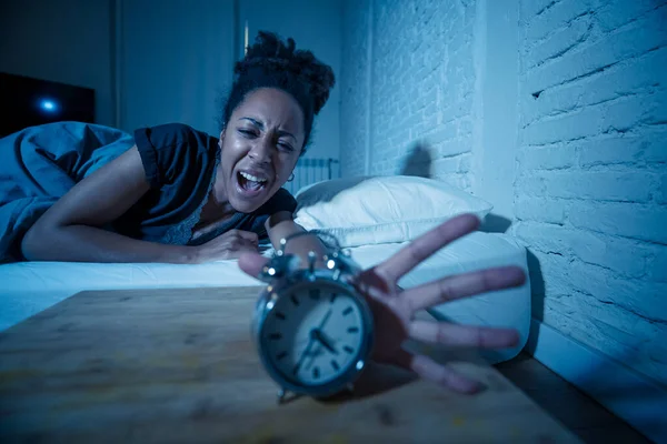 Young Beautiful Afro American Woman Home Lying Bed Late Night — Stock Photo, Image