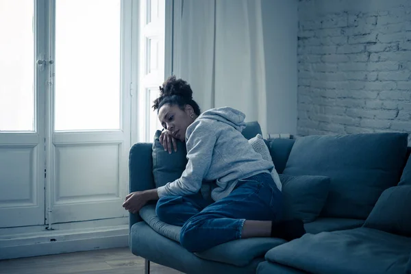 Depressed Young Attractive African American Woman Lying Sofa Home Feeling Stock Photo